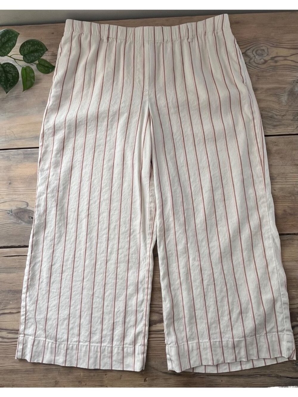 J. Jill Linen Blend Cropped Wide Leg Pants Womens L Beige Stripe Elastic Waist